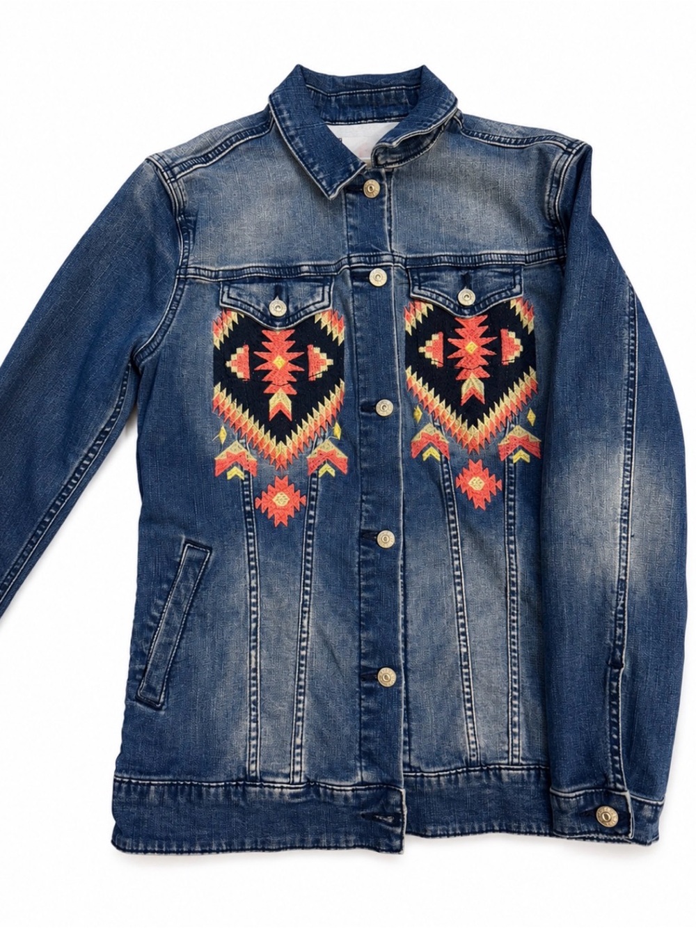LuLaRoe Blue Denim Aztec Inspired Crocheted Long Denim Jacket, Size S